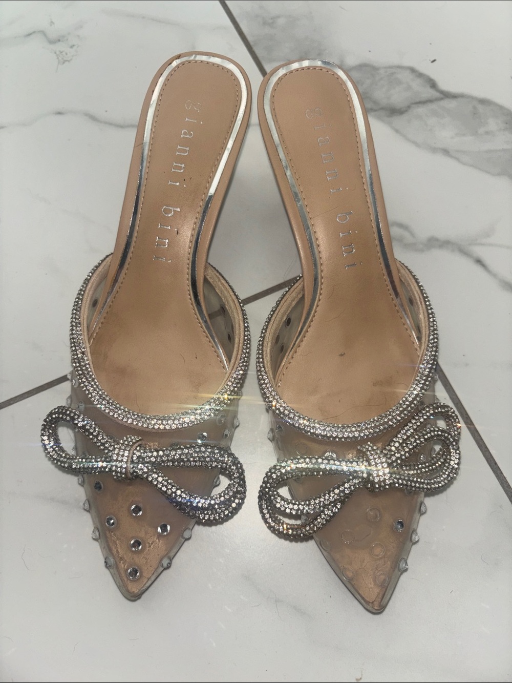 Gianni Bini Clear Mules with Silver Crystal Bow